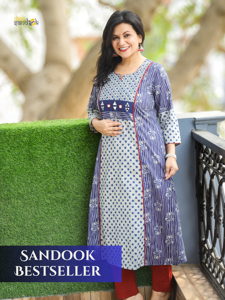 Mehram Indigo Blue Dabu Panel A-Line Cotton Kurti