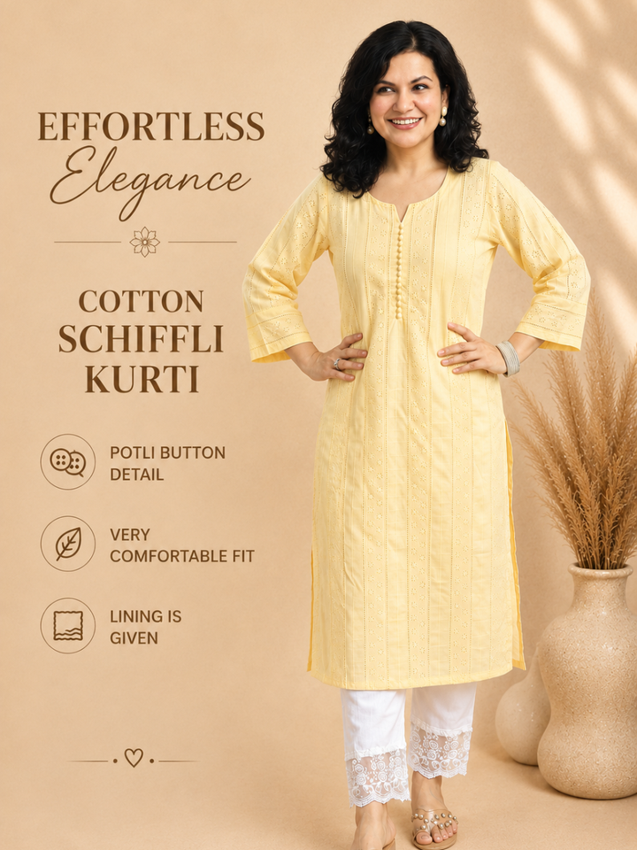 Aisha Butter Yellow Potli Button Cotton Schiffli Kurti