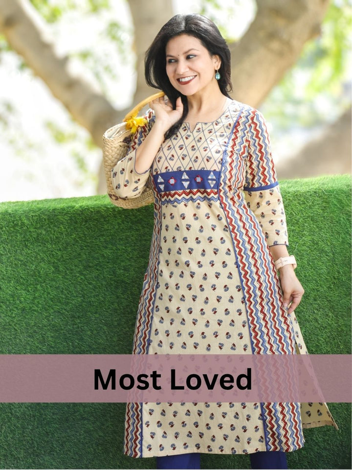 Mehram Beige Block Ajrakh Panel A-Line Cotton Kurti