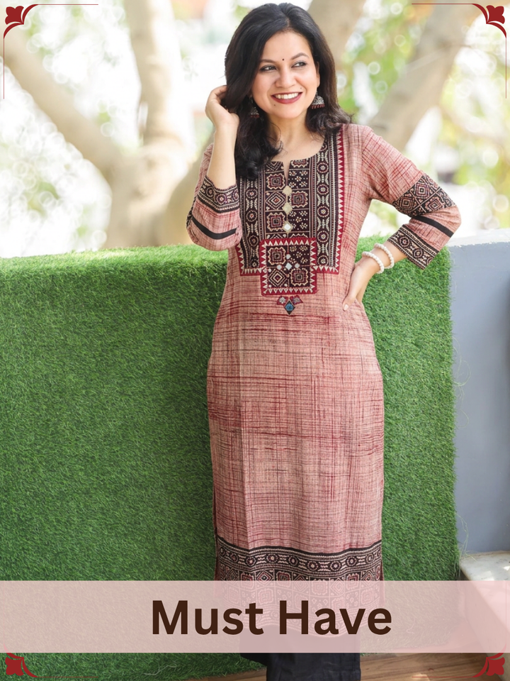 Zariya Beige Black  Ajrakh Yoke Brush Painted Cotton Kurti