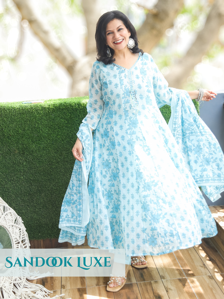 Bella Ice Blue Patra Mul Cotton 3 Piece Set