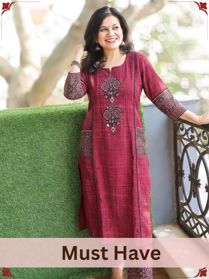 Madhvi Red Ajrakh Yoke Brush Painted Cotton 2 Piece Set