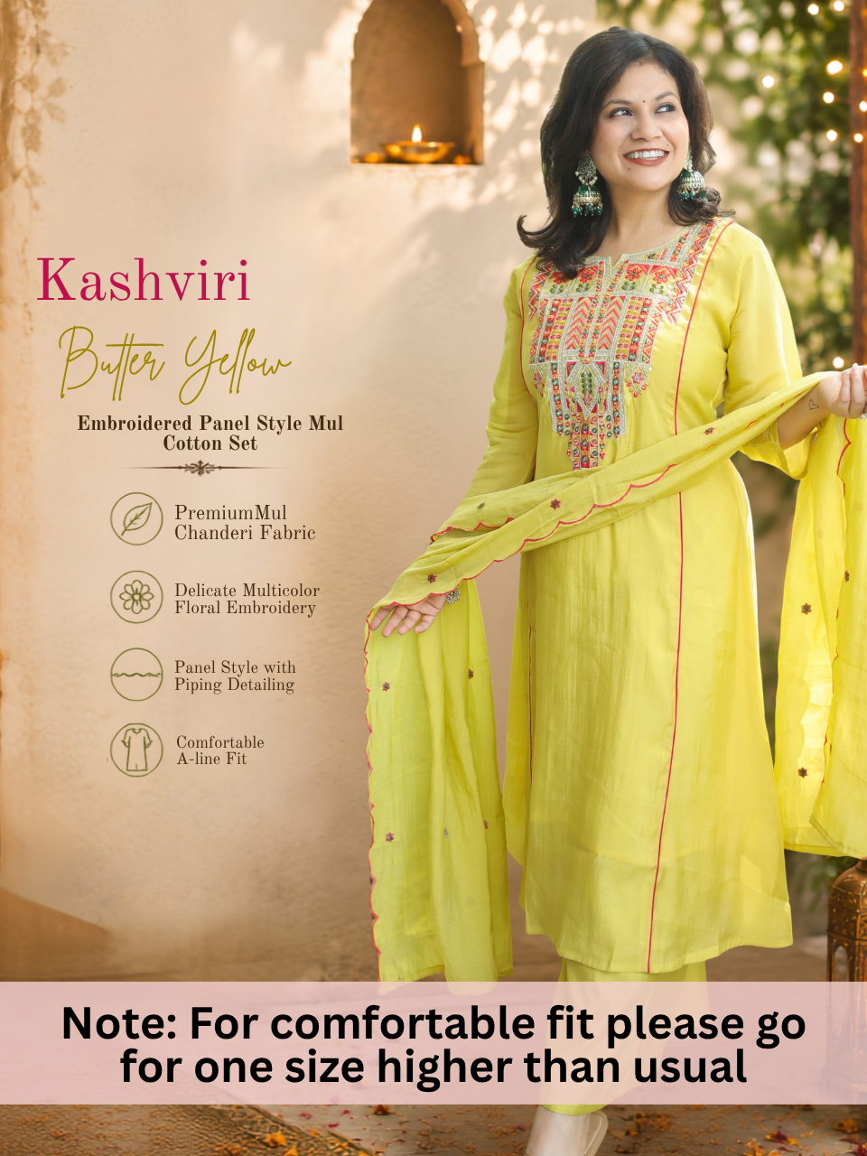 Kashviri Butter Yellow Embroidered Panel Style Mul Chanderi 3 Piece Set