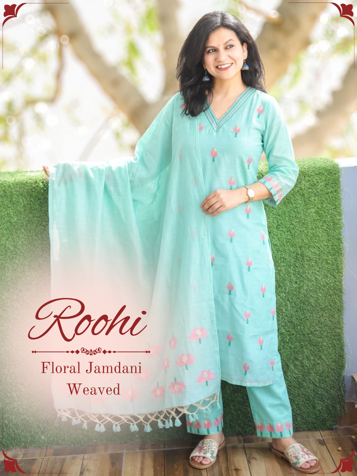 Roohi Aqua Floral Jamdani Weaved 3 PIece Set