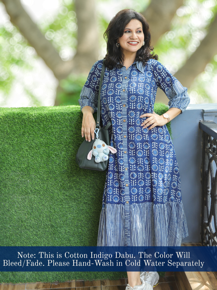 Asya Prussian Blue Dabu Printed Button Down Cotton Dress