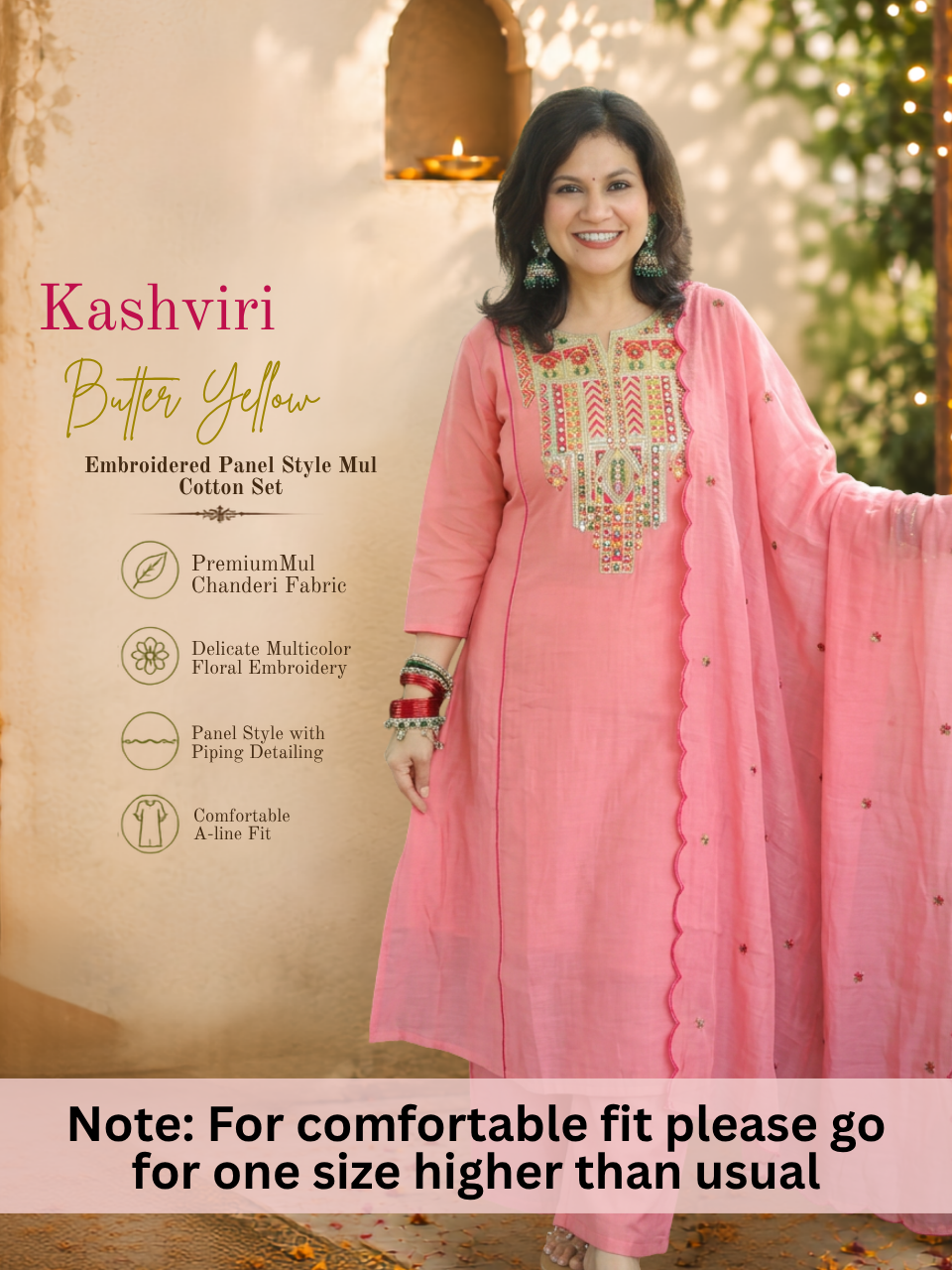 Kashviri Candy Pink Embroidered Panel Style Mul Chanderi 3 Piece Set