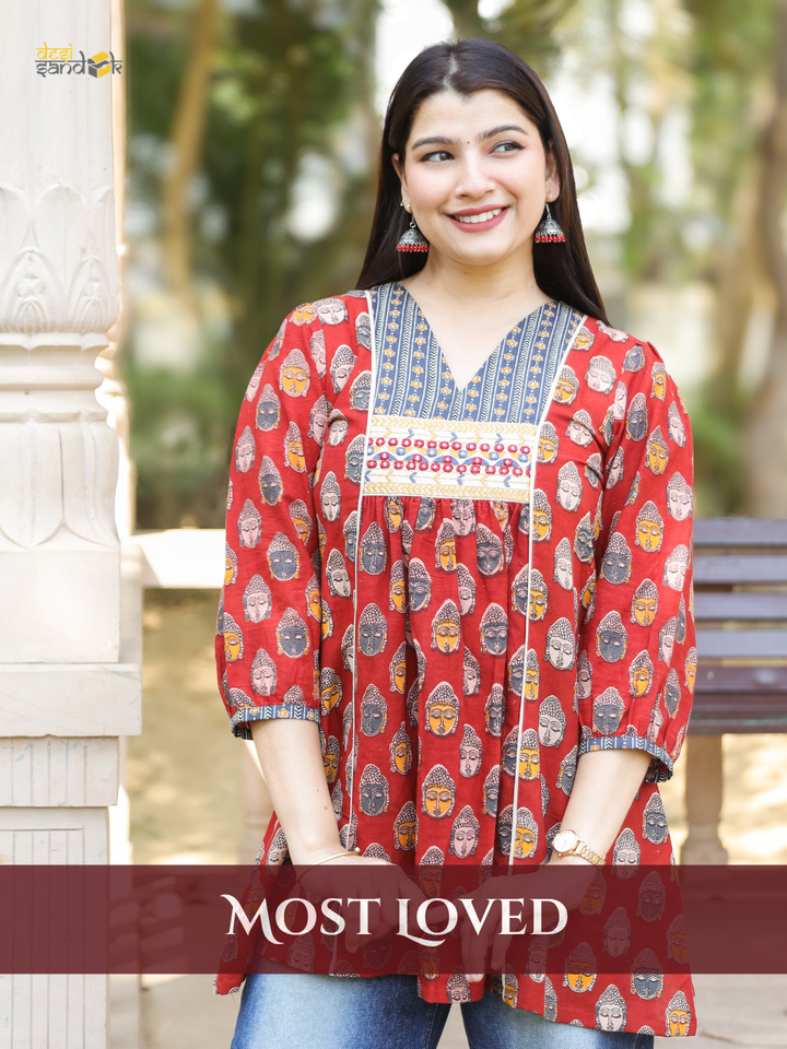 Mukhda Red with Embroidered Yoke Panel Style Buddha Printed Short Cotton Kurti