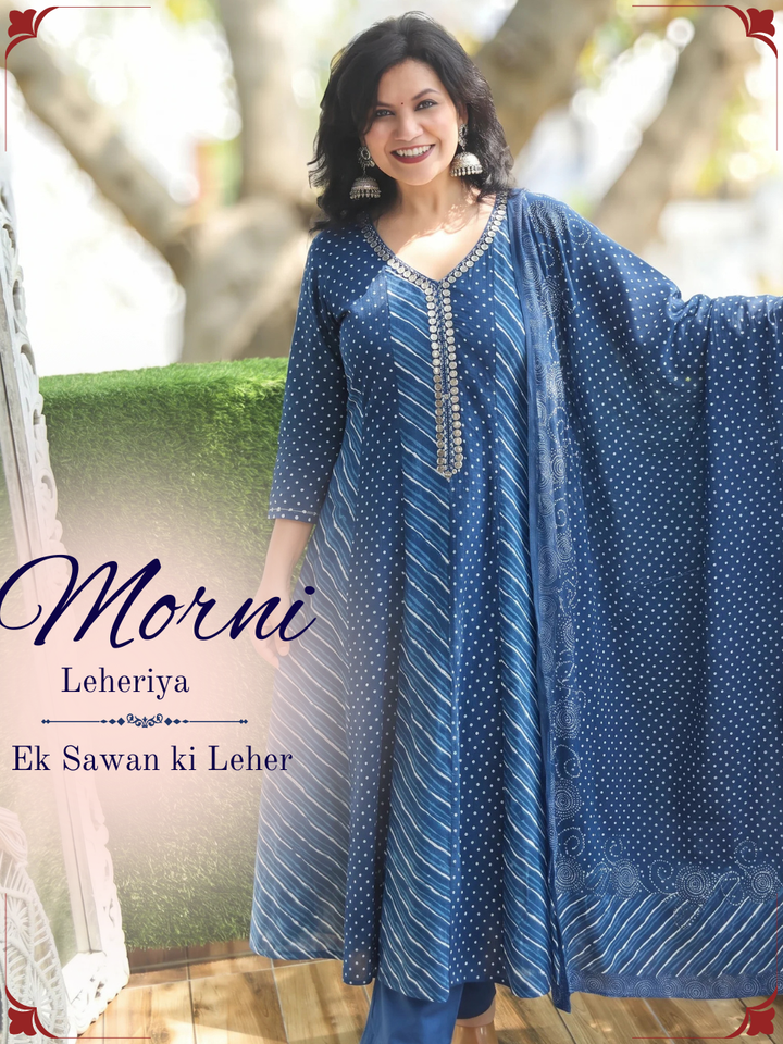 Morni Prussian Navy Leheriya Mul Cotton 3 Piece Set
