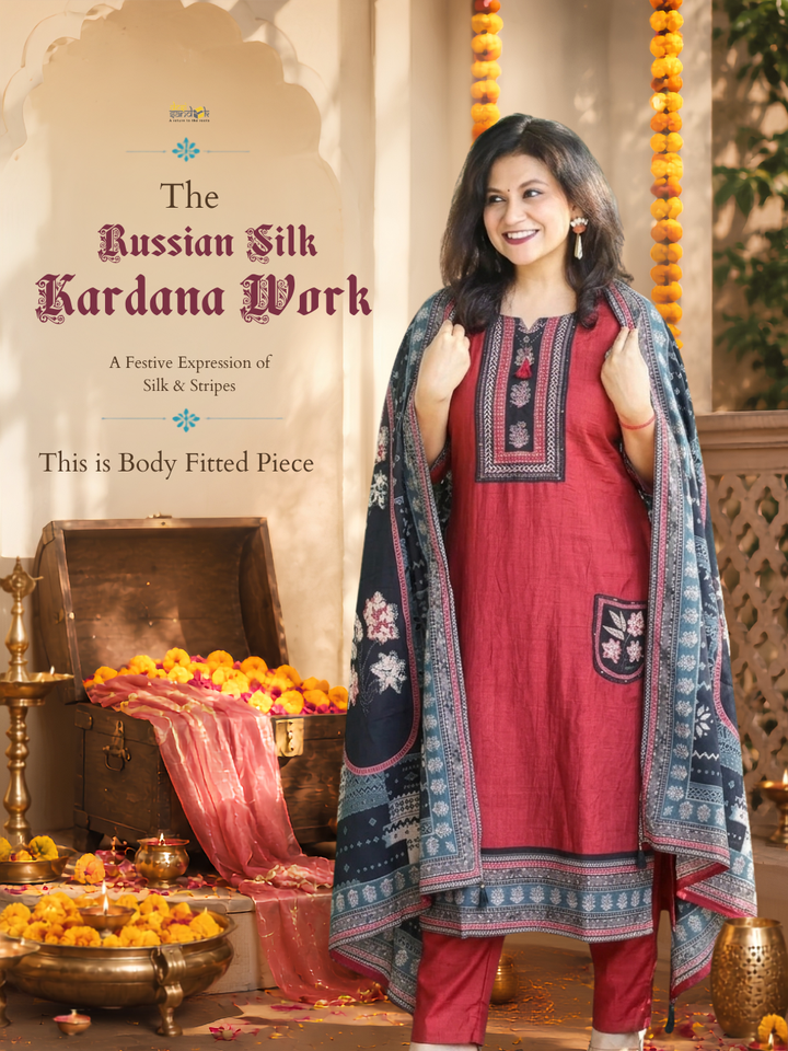 Shreya Berry Red Kardana Work Russian Silk 3 Piece Set