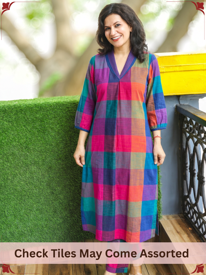 Madhura Blue Multi Color Madras Check South Cotton Co-ord Set