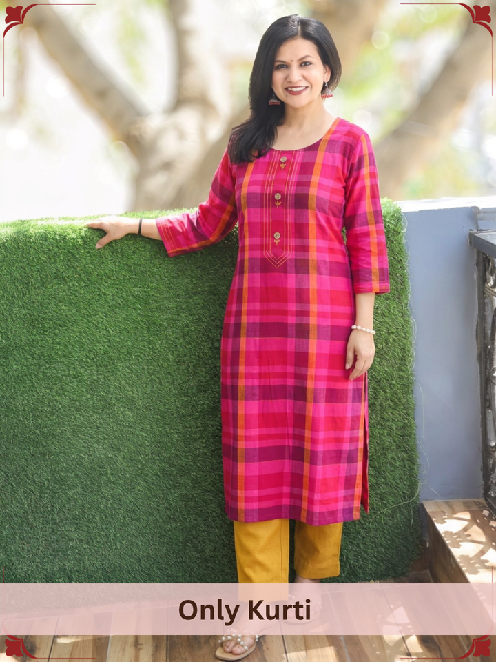 Mayuri Pink Madras Check Print Cotton Kurti