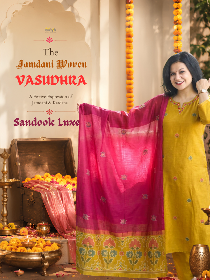 Vasudhra Dijon Yellow Floral Jamdani 3 Piece Set