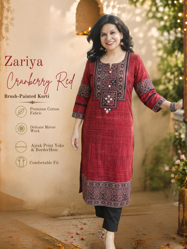 Zariya Cranberry Red Ajrakh Yoke Brush Painted Cotton Kurti