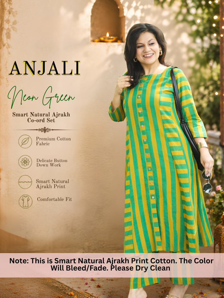 Anjali Neon Green Natural Ajrakh Print Button Down Panel 2 Piece Set