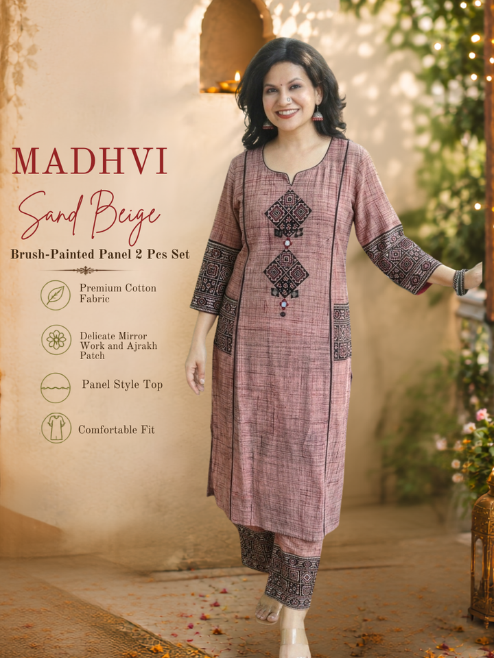 Madhvi Sand Beige Ajrakh Yoke Brush Painted Cotton 2 Piece Set
