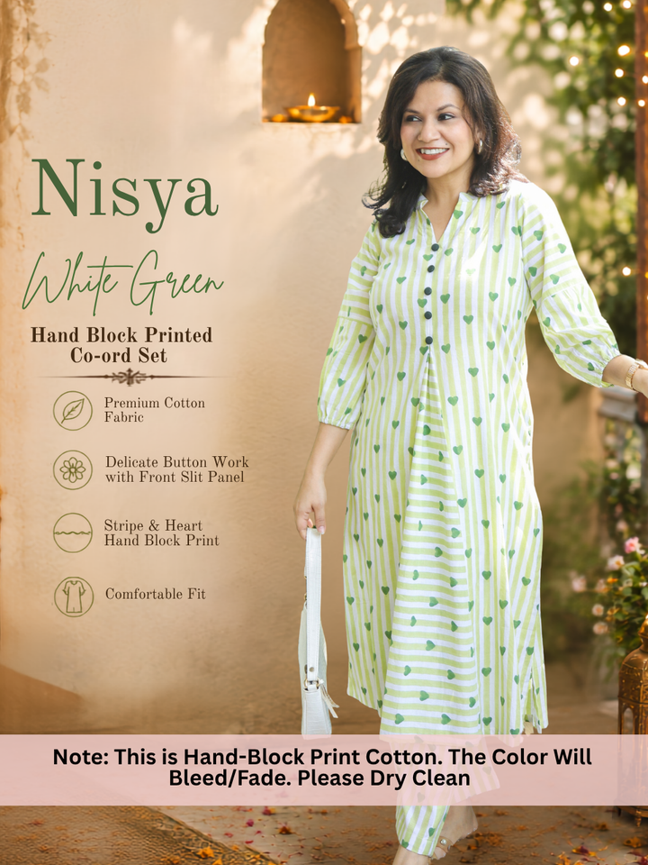 Nisya White with Green Hand-Block Stripe Printed Cotton Co-ord Set