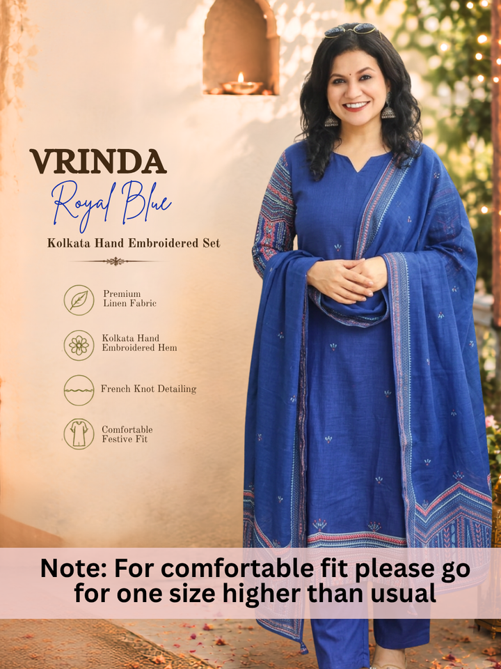 Vrinda Royal Blue Kolkata Hand Embroidered Linen 3 Piece Set