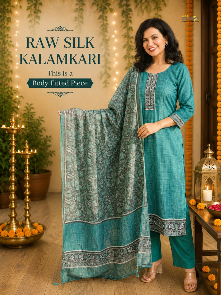 Sushma Aqua Turq Mirror Work Patch Raw Silk 3 Piece Set