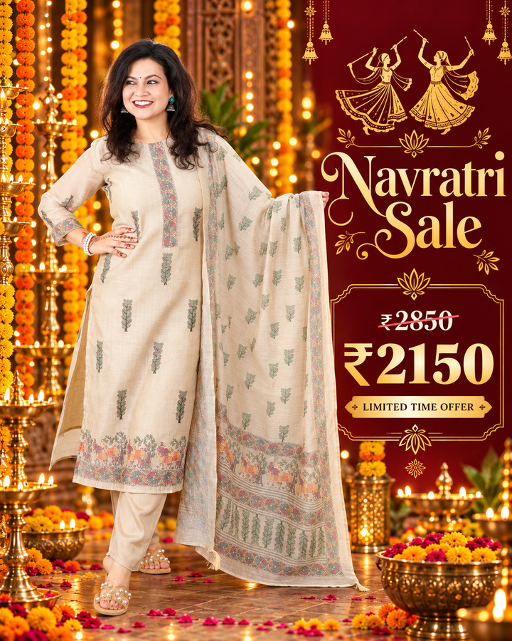 Kavish Sand Beige Printed Hem with Kantha Work Detailing Chanderi 3 Piece Set
