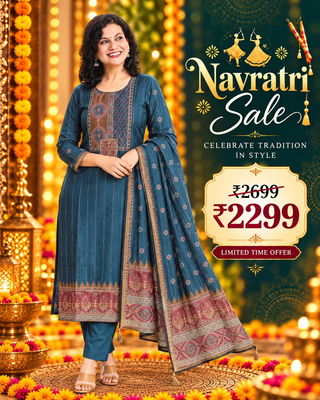 Elisha Navy Blue Kantha Embroidered Chanderi 3 Piece Set