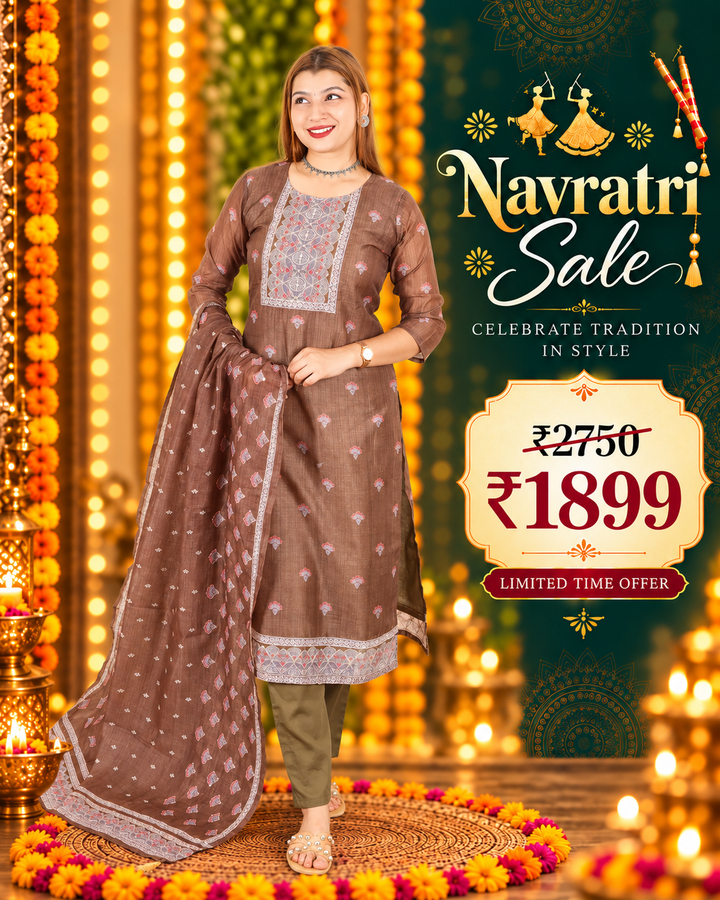 Khushi Tan Olive Digital Printed Neck with Kantha Detailing Chanderi 3 Piece Set