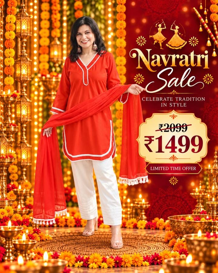 Ahana Reddish Orange Lace Work Farsi Cotton 3 Piece Set