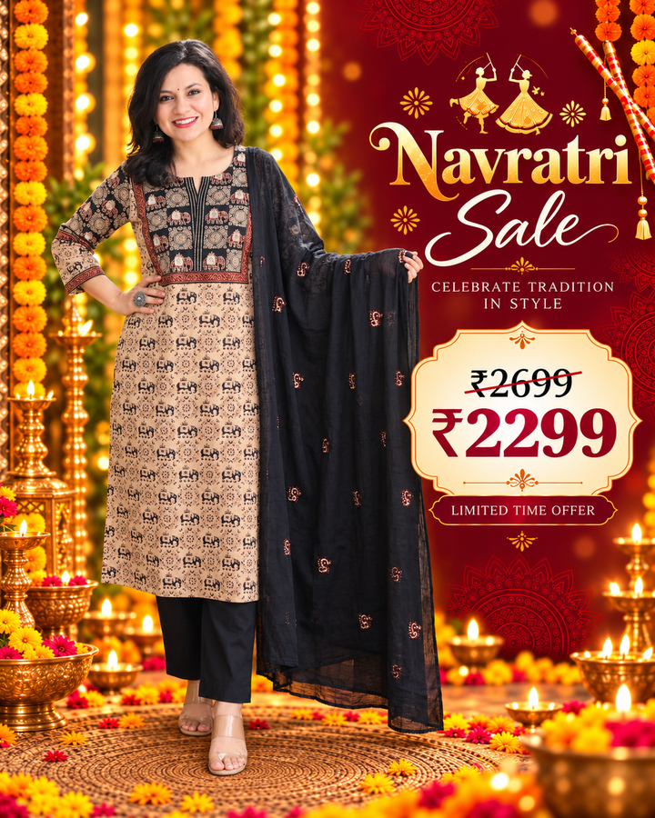 Anshuli Onxy Black Mirror Work Gajj Print Cotton 3 Piece Set
