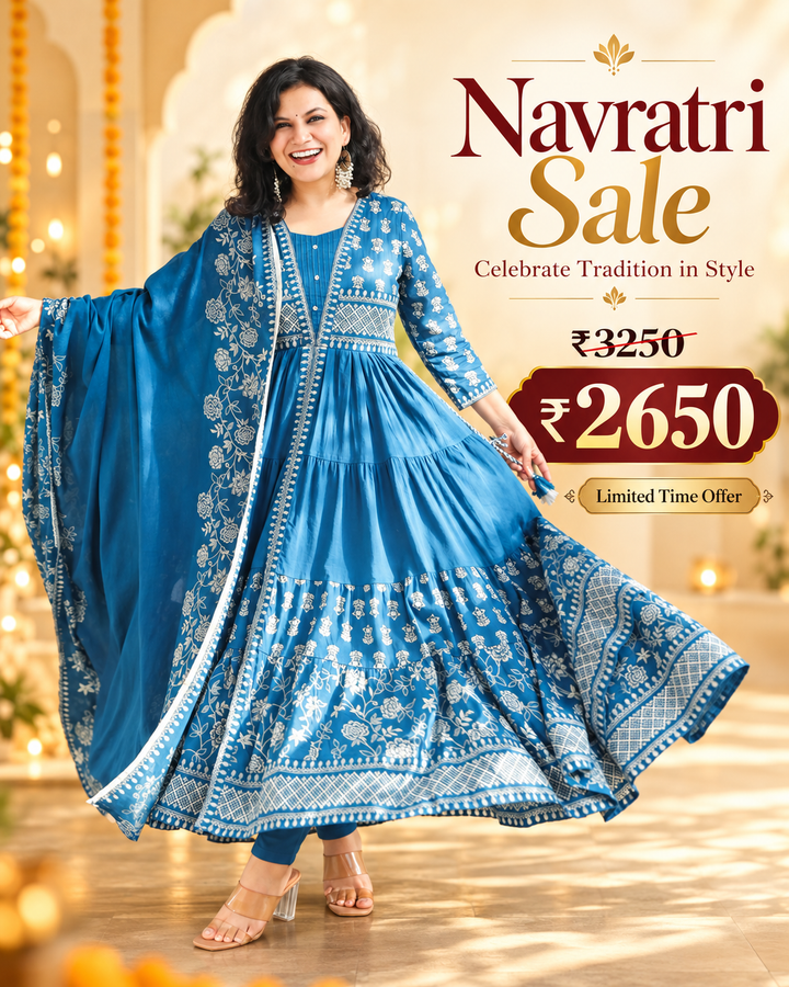 Trinidhi Cerulean Blue Flaired Cotton 3 Piece Set