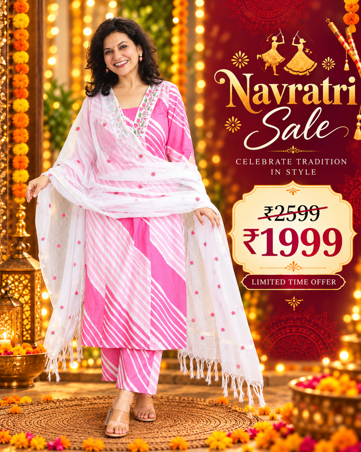 Charvi Pink Embroidered Leheriya Print Cotton 3 Piece Set