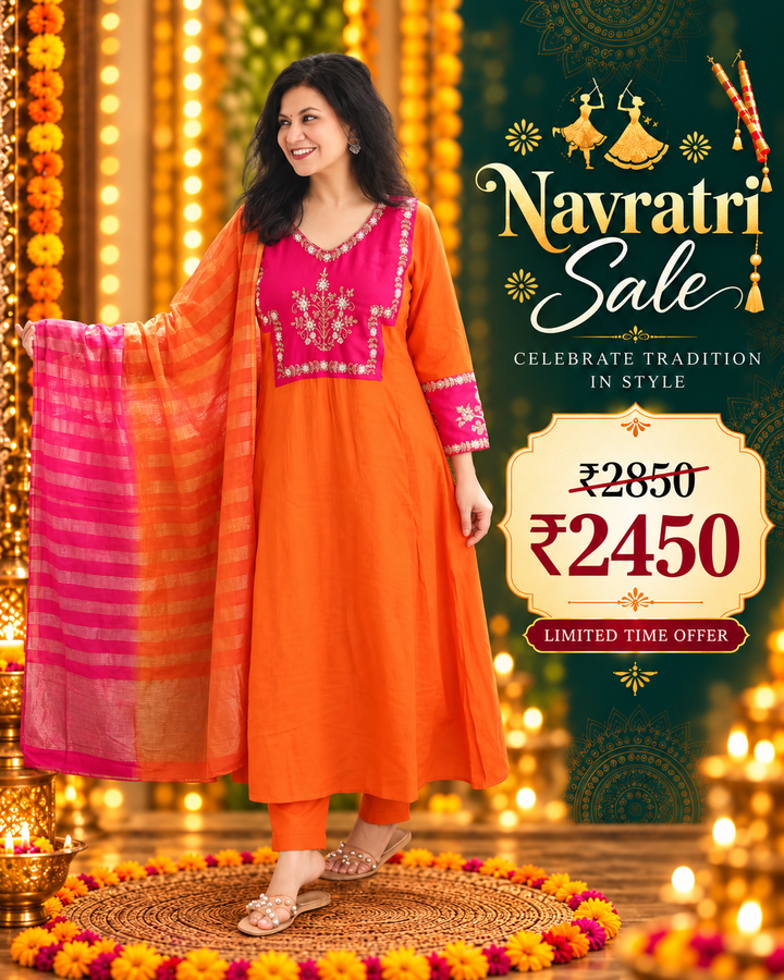 Shishberi Tangerine Orange Embellish Moti Work Mul Chanderi Set