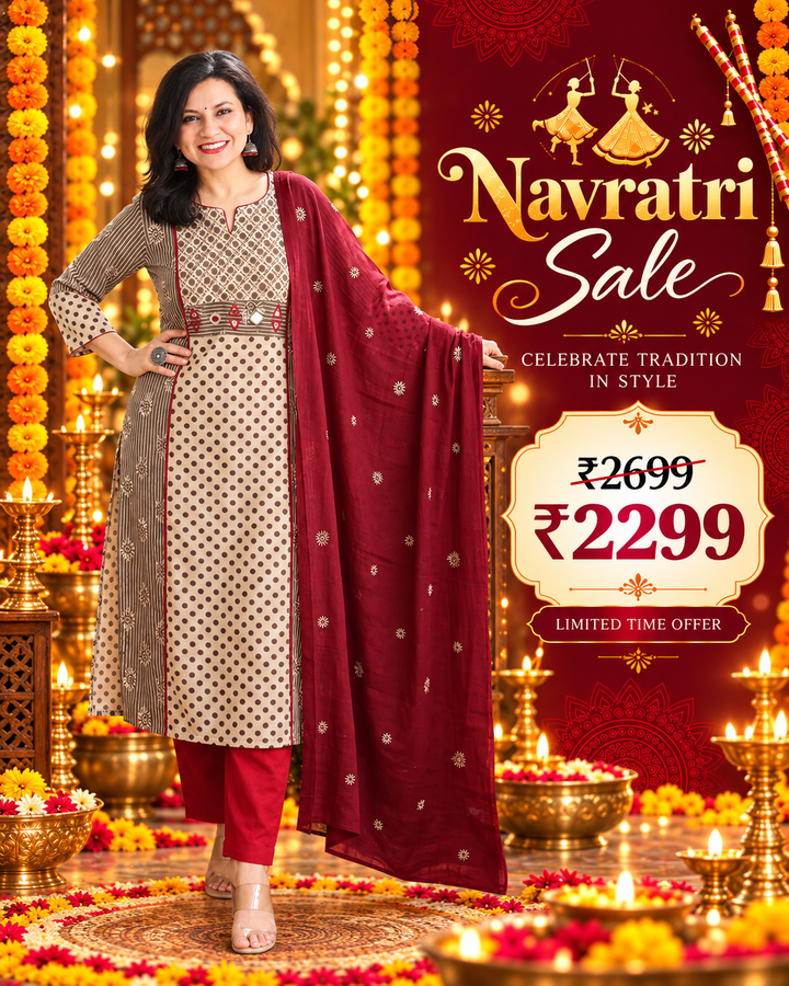 Anshuli Latte Tan Panel Style Dabu Printed Cotton 3 Piece Set