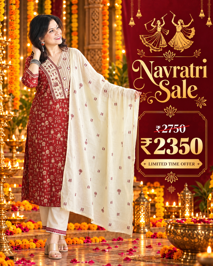 Araha Red Warli Embroidered with Mirror Cotton 3 Piece Set
