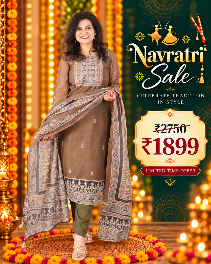 Mivaan Olive Green All Over Digital Printed with Kantha Work Chanderi 3 Piece Set