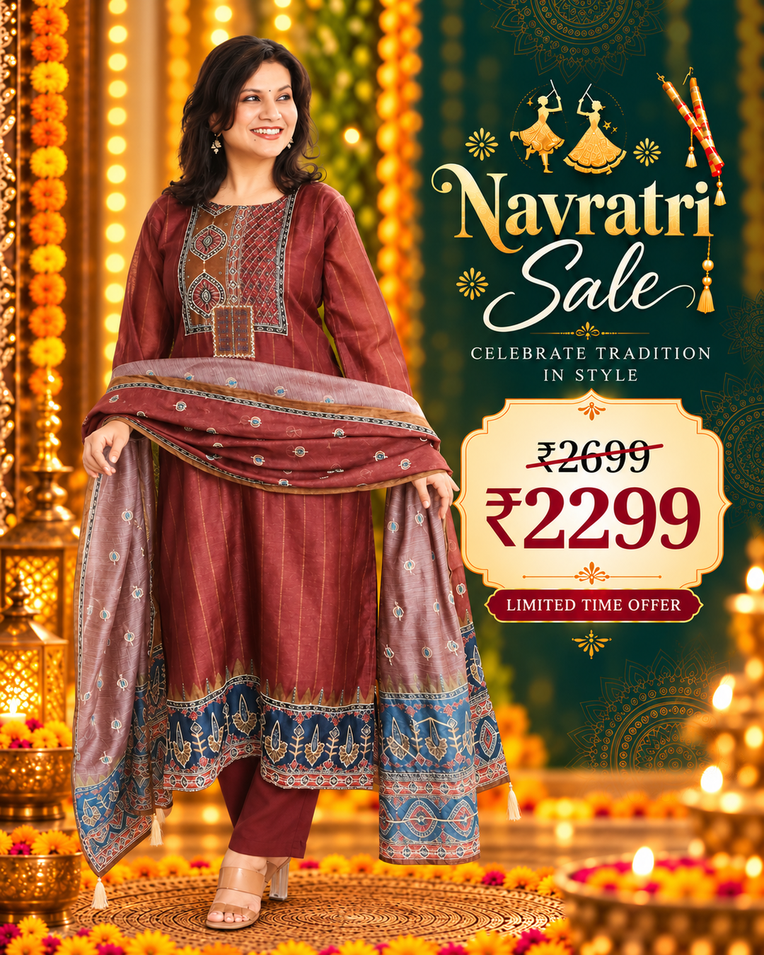 Elisha Barn Maroon Kantha Embroidered Chanderi 3 Piece Set