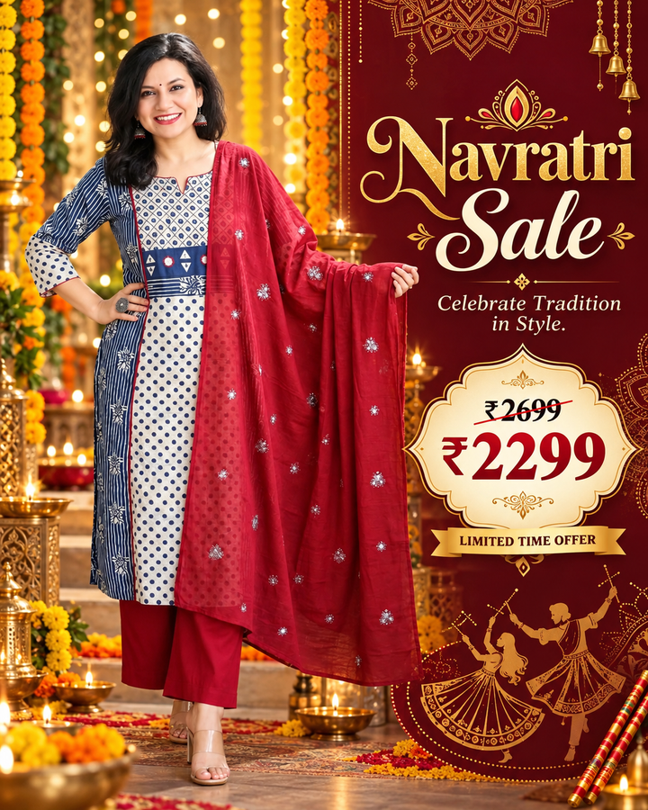 Anshuli Faded Blue Panel Style Dabu Printed Cotton 3 Piece Set