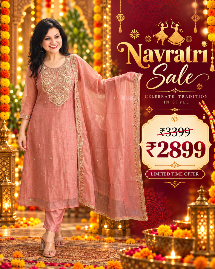 Ragini Dusty Rose Zari Work Crinkle Shimmer Tissue 3 Piece Set