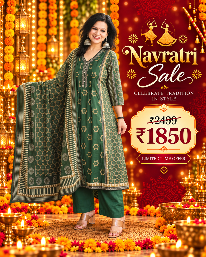 Latika Green V Neck Panel Style Cotton 3 Piece Set