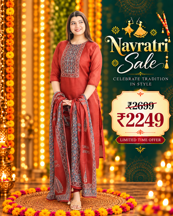 Nandani Barn Mauve Printed Neck with Kolkata Hand Kantha Work Chanderi 3 Piece Set