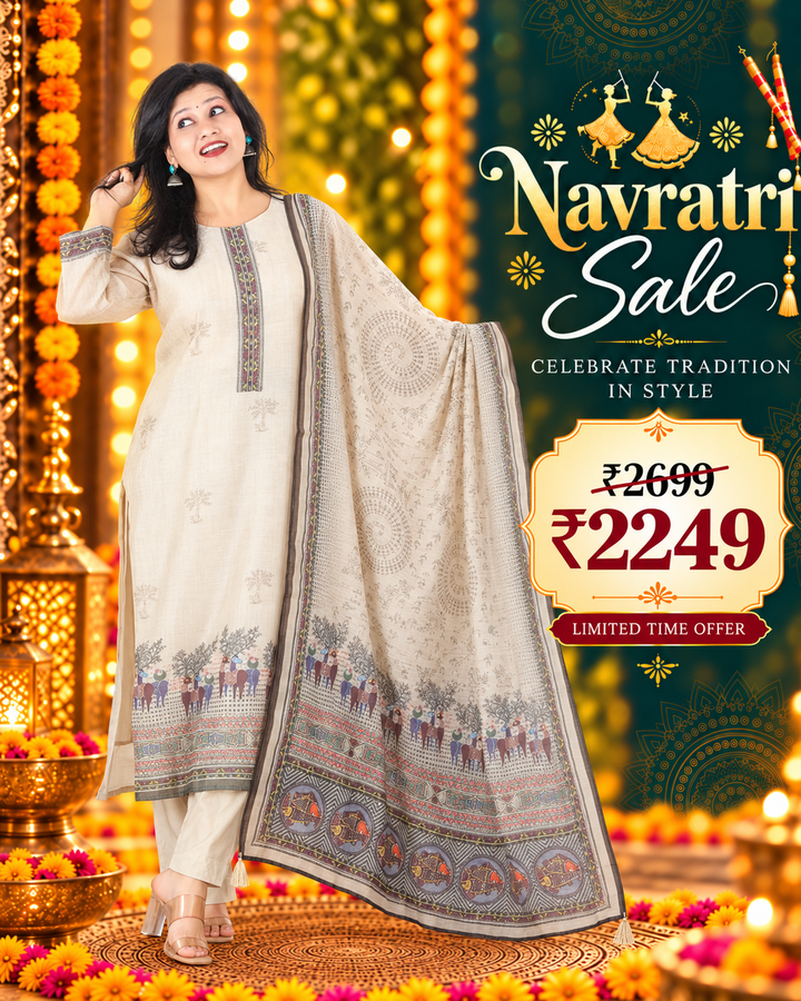 Kavish Sand Beige Kolkata Hand Kantha work Madhubani Printed Chanderi 3 Piece Set