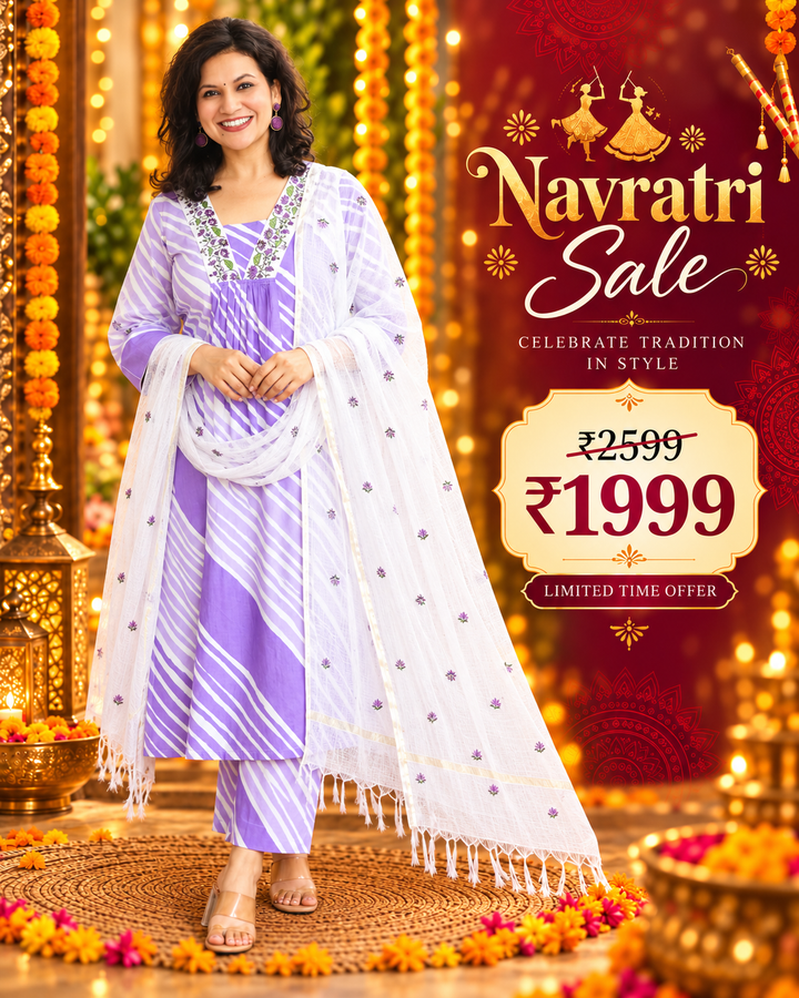 Charvi Purple Embroidered Leheriya Print Cotton 3 Piece Set