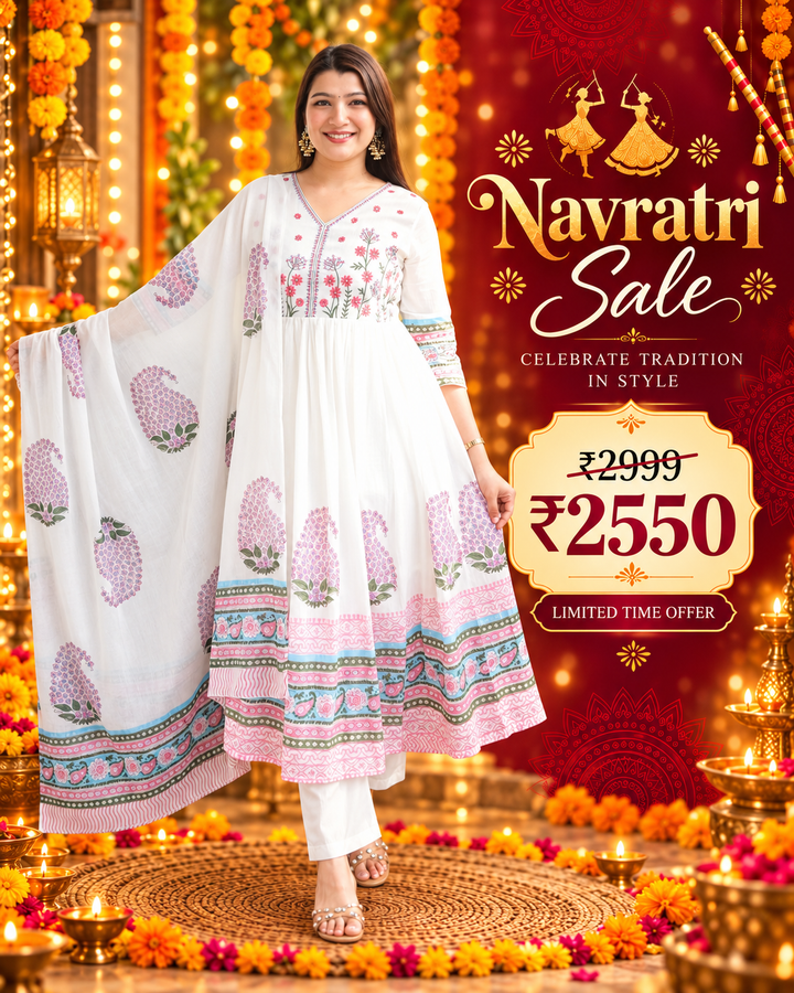 Kira White Pink Anarkali Mul Cotton 3 Piece Set
