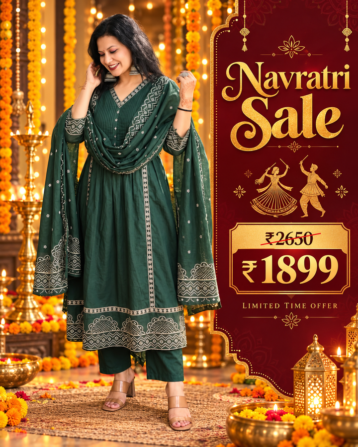 Rashi Sac. Green Bandhani Gathered Cotton 3 PIece Set