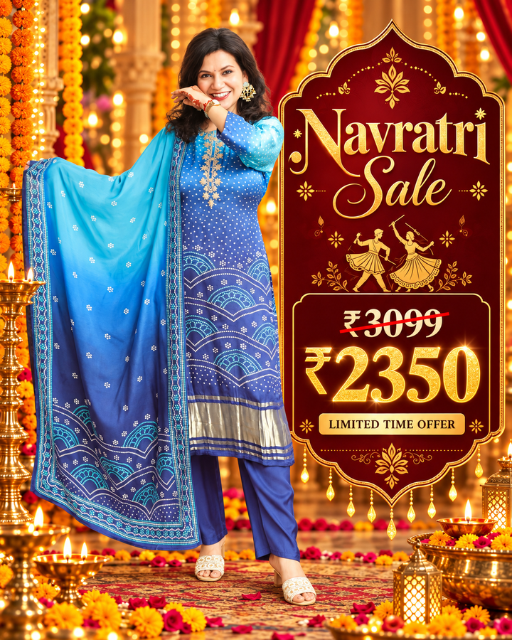 Meera Peacock Blue Embellish Bandhani Muslin 3 Piece Set