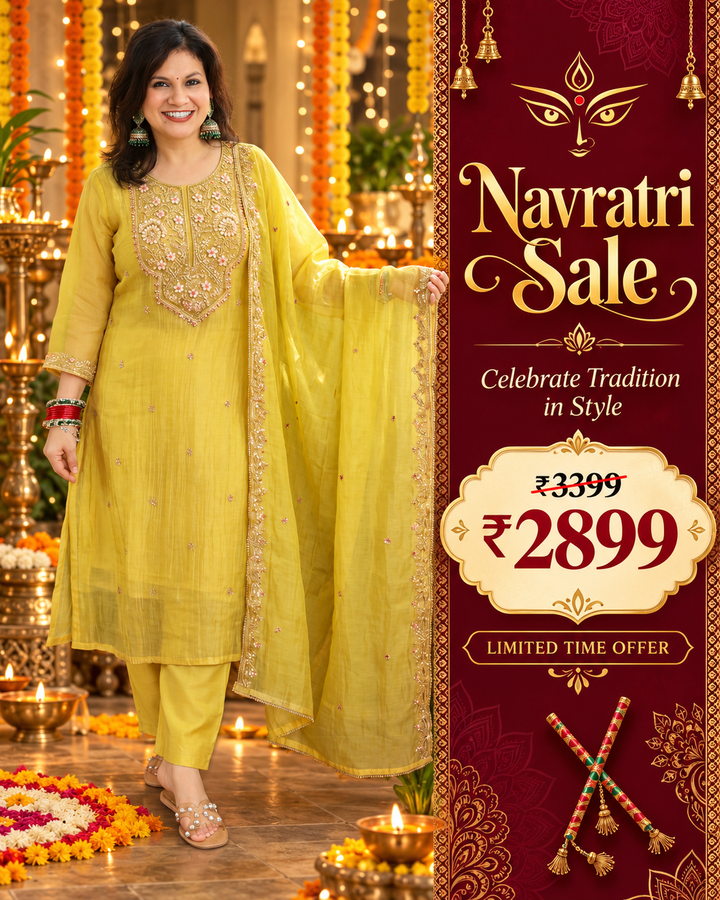 Ragini Canary Yellow Zari Work Crinkle Shimmer Tissue 3 Piece Set