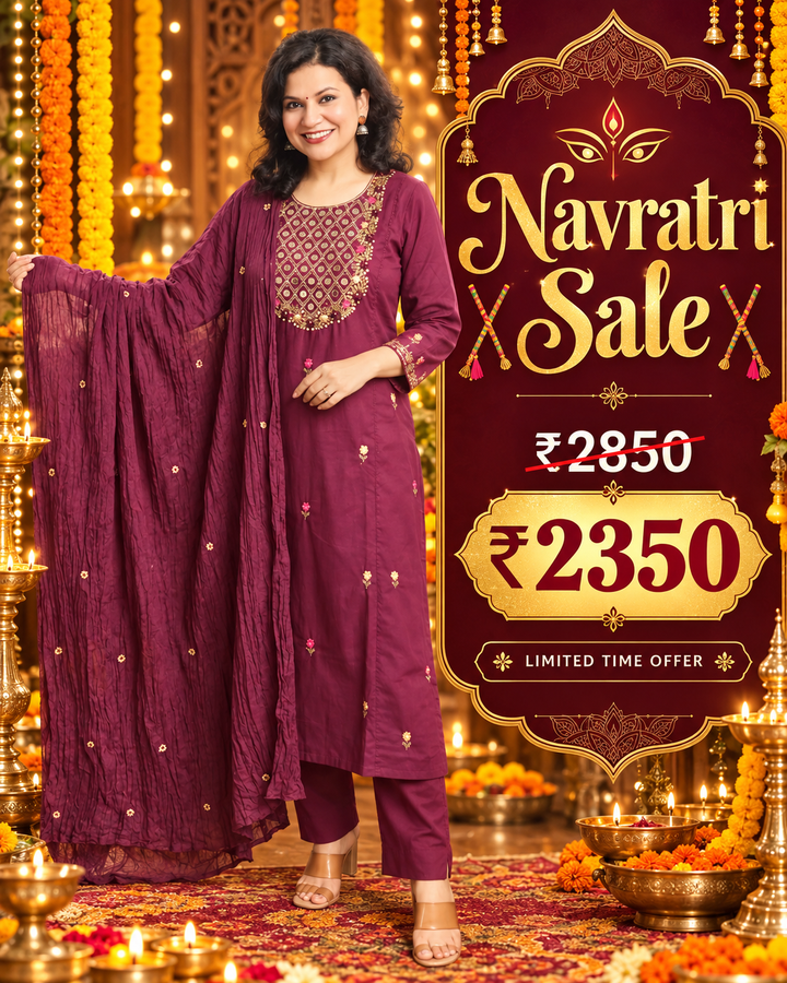 Kaveri Mahogany Wine Mirror Work Yoke Cotton 3 Piece Set