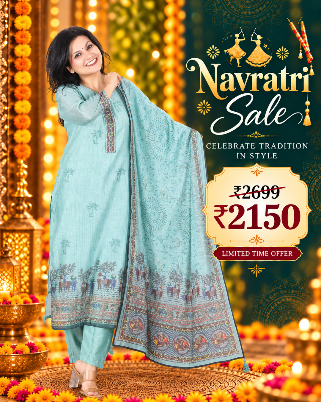 Kavish Crystel Aqua Kolkata Hand Kantha work Madhubani Printed Chanderi 3 Piece Set