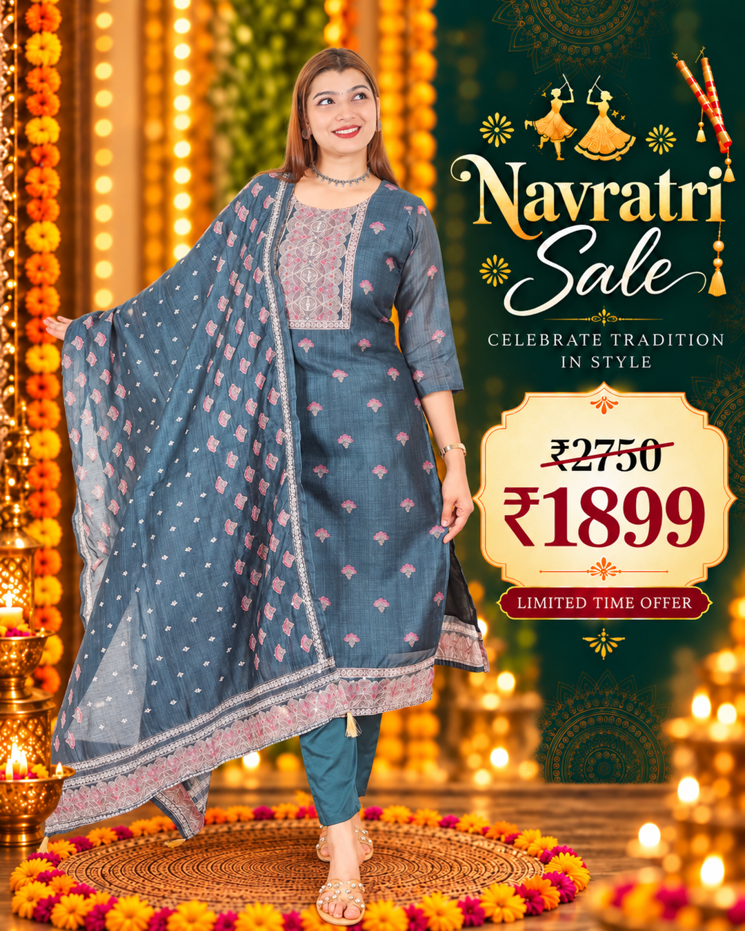 Khushi Navy Blue Digital Printed Neck with Kantha Detailing Chanderi 3 Piece Set