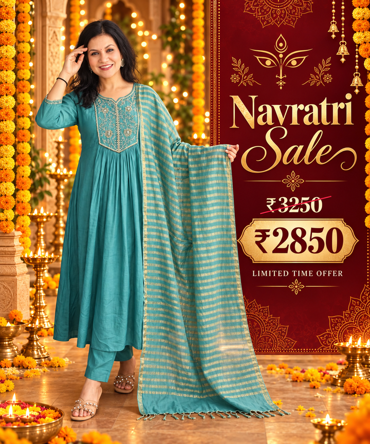Yaashvi Turq Aqua Embellish Moti Kardana Mul Chanderi 3 Piece Set