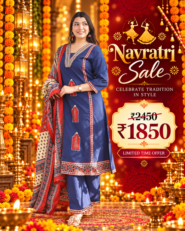 Nancy Navy Blue Mughal Cotton 3 Piece Set