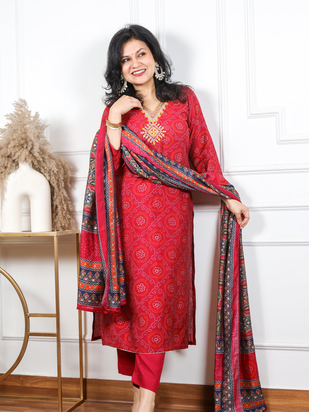 Dilruba Ruby Pink V Neck Embellished Modal Top With Cotton Silk Dupatta 3 Piece Set